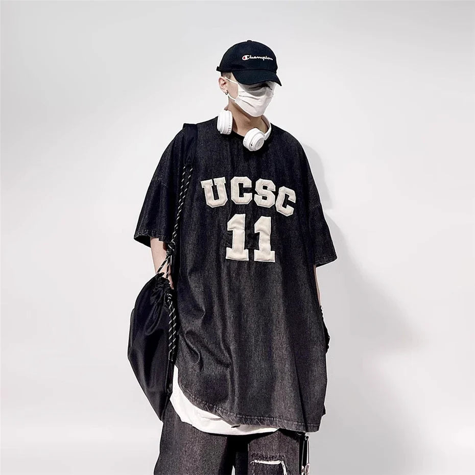 T-shirt vintage en denim brodé style hip-hop