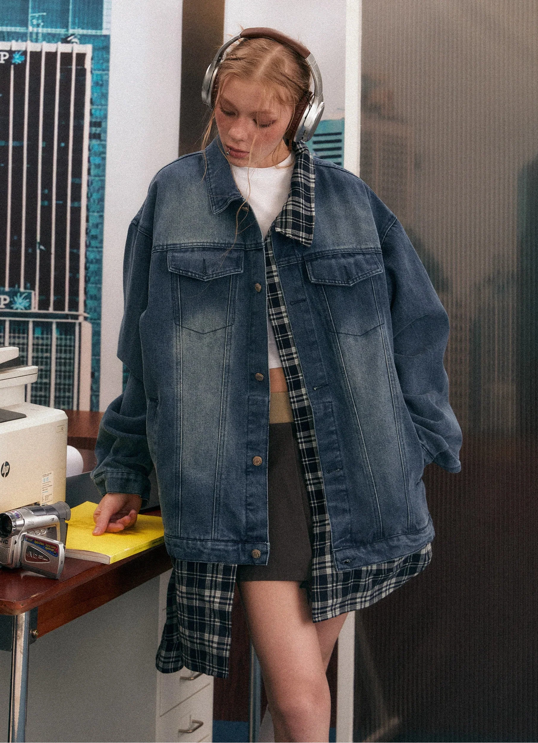 Women Cool Plaid Retro Denim Jacket