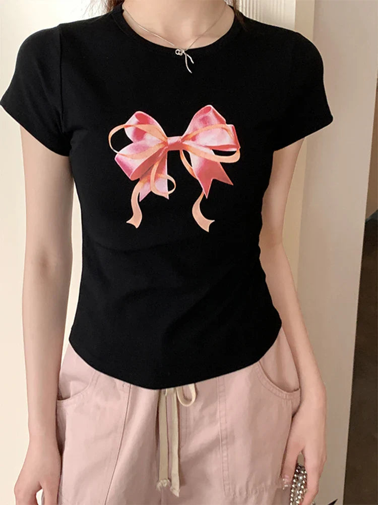 Y2K Damen-Crop-Top mit Schleifenprint