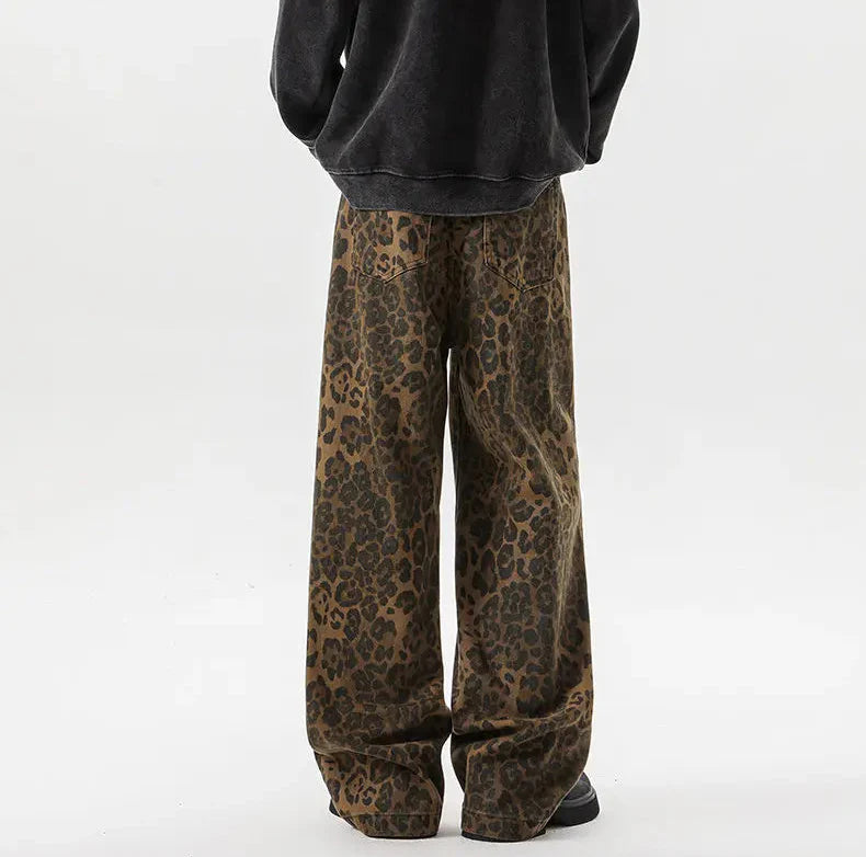 Streetwear Leopard Print Wide Leg Denim Jeans