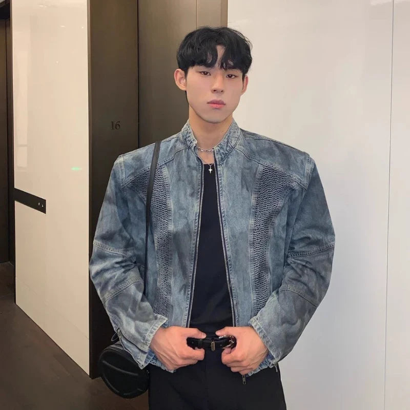 주름 스프레이 페인트 데님 지퍼 재킷