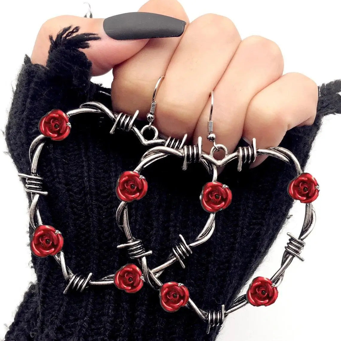 Vintage Gothic Black Rose Heart Earrings