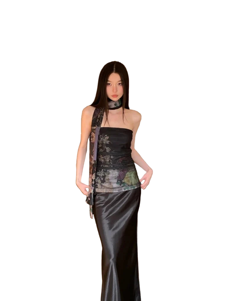 Y2K Floral Mesh Strapless Crop Top