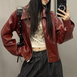 Rote Lederjacke im Retro-Stil für Damen