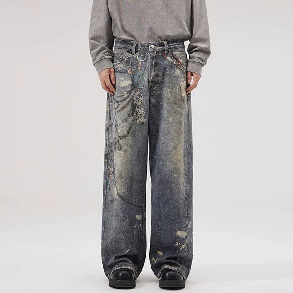 Y2K-Jeans mit Kettenverzierung und weitem Bein