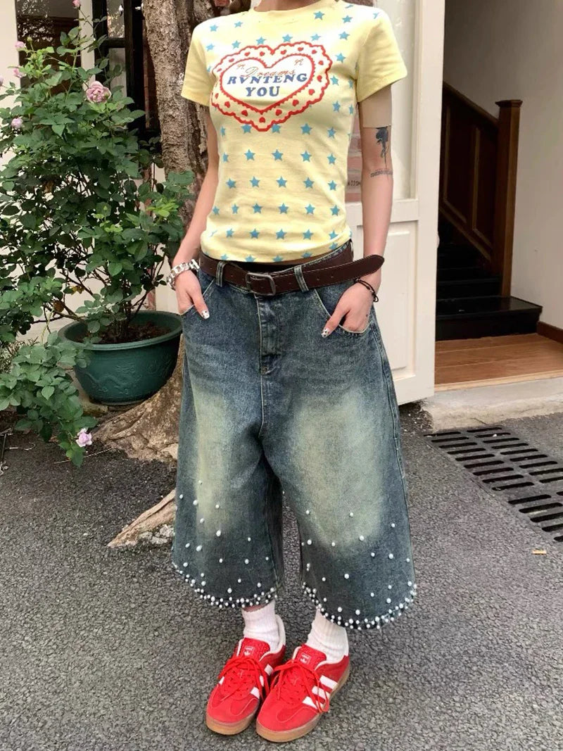 Y2K Streetwear Vintage Beaded High Waist Denim Jorts