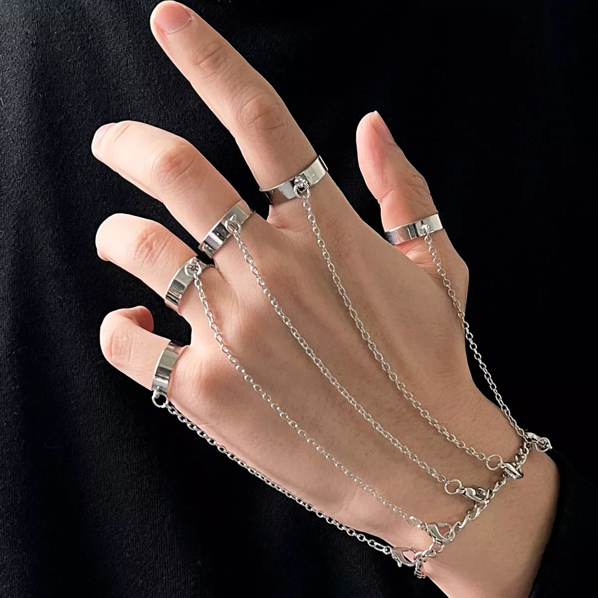 Geometric Punk Rings Set With Wrist Chain