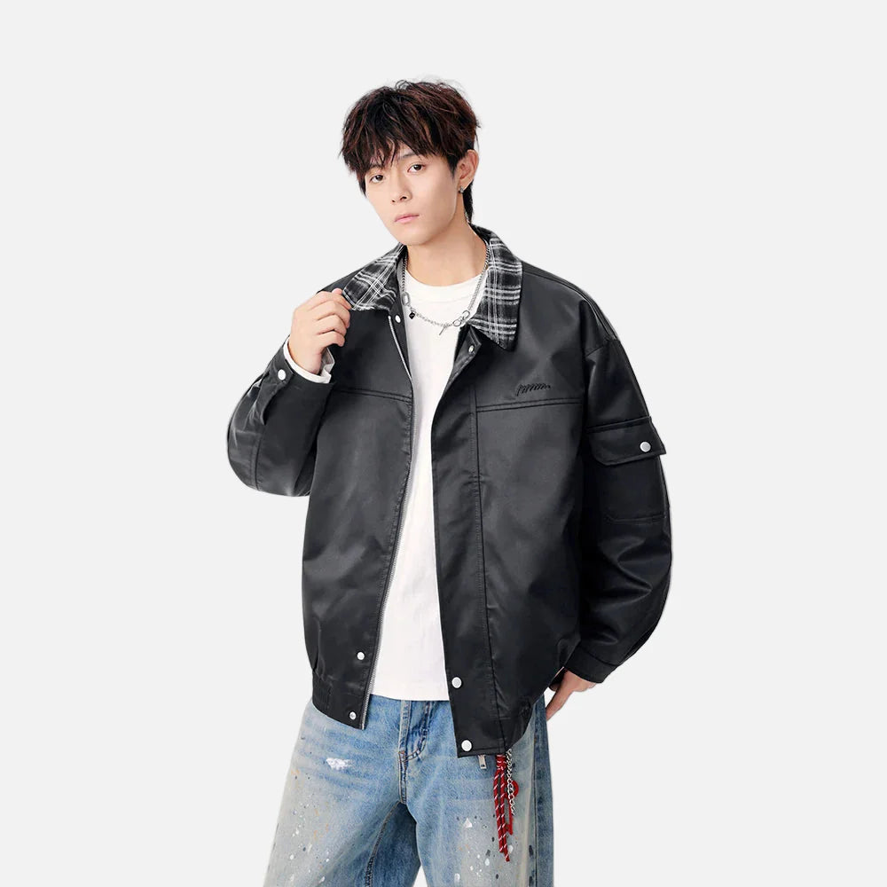 Warm Contrast Plaid Collar Button Up Leather Jacket