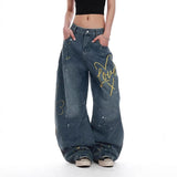 Damen bestickte Retro-Jeans im amerikanischen Stil mit geradem Bein