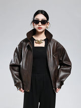 Casual Luxury Distressed Brown PU Leather Jacket