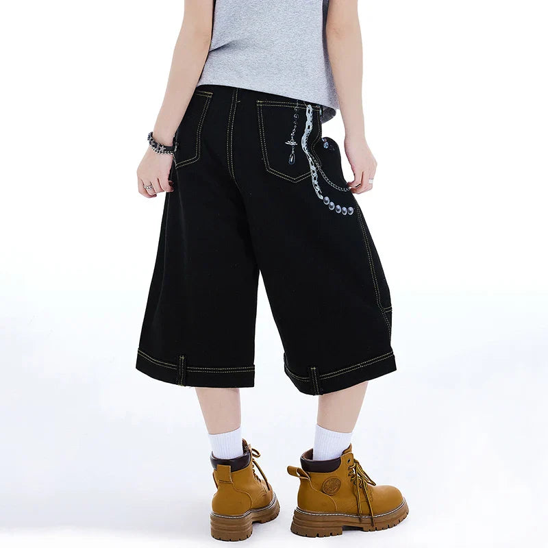 Contrast Retro Color Wide Leg Denim Jorts