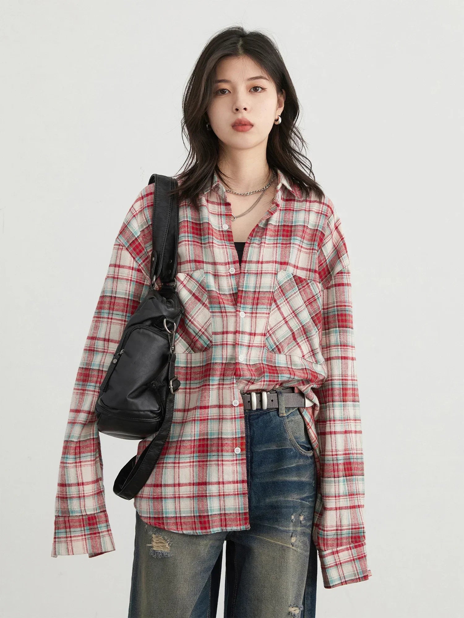 Chemise en coton à carreaux colorés pour femme, style streetwear tendance
