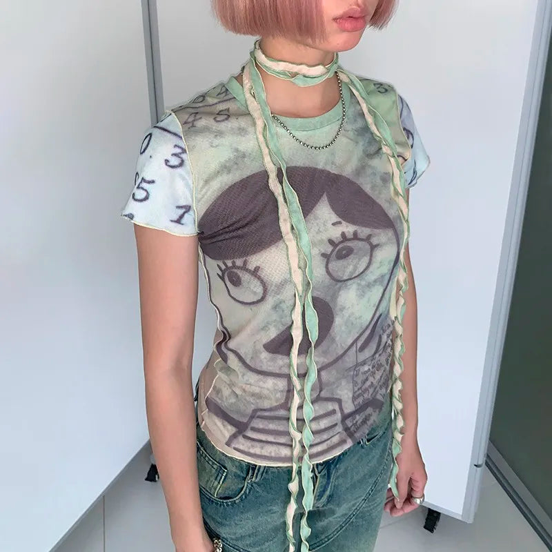 T-shirt vintage grunge en maille à motif cyber graphique