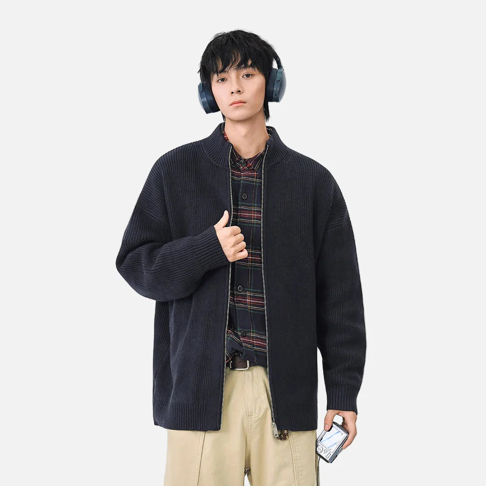 Gemütlicher gerippter Strickcardigan mit Stehkragen