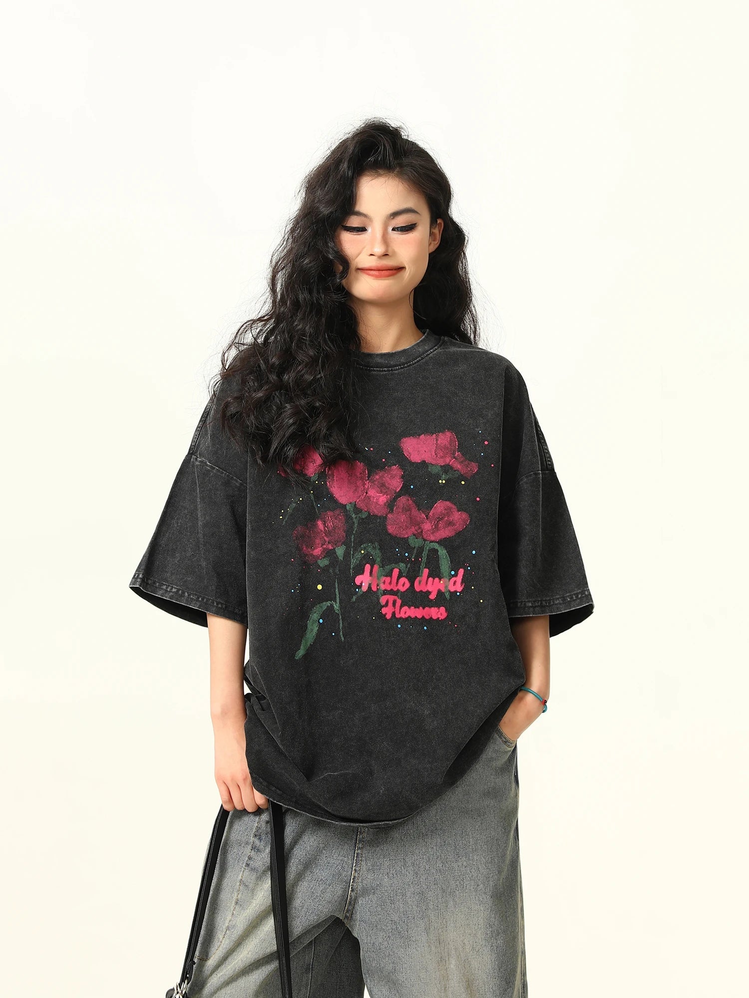 Washed Black Rose Print Round T-Shirt