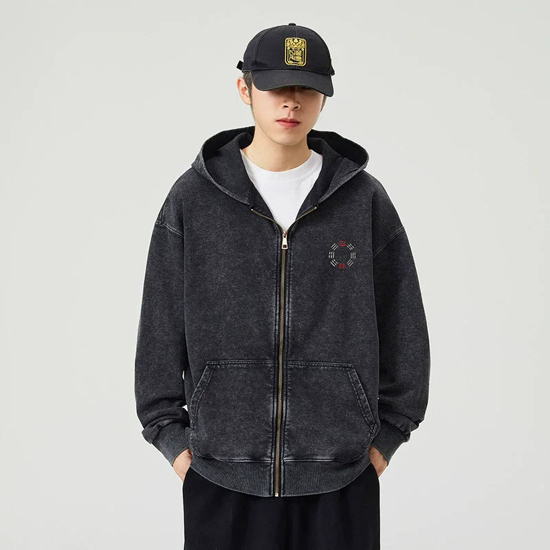 Washed Streetwear Embroidered Zip-Up Hooded Sweatshirt