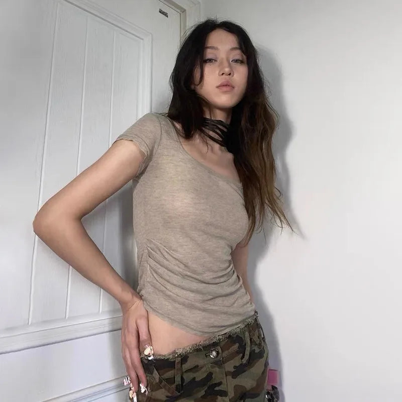 T-shirt en maille irrégulière style grunge vintage
