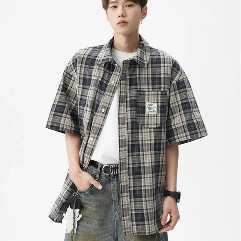 Chemise vintage à carreaux pour homme, manches courtes, poche