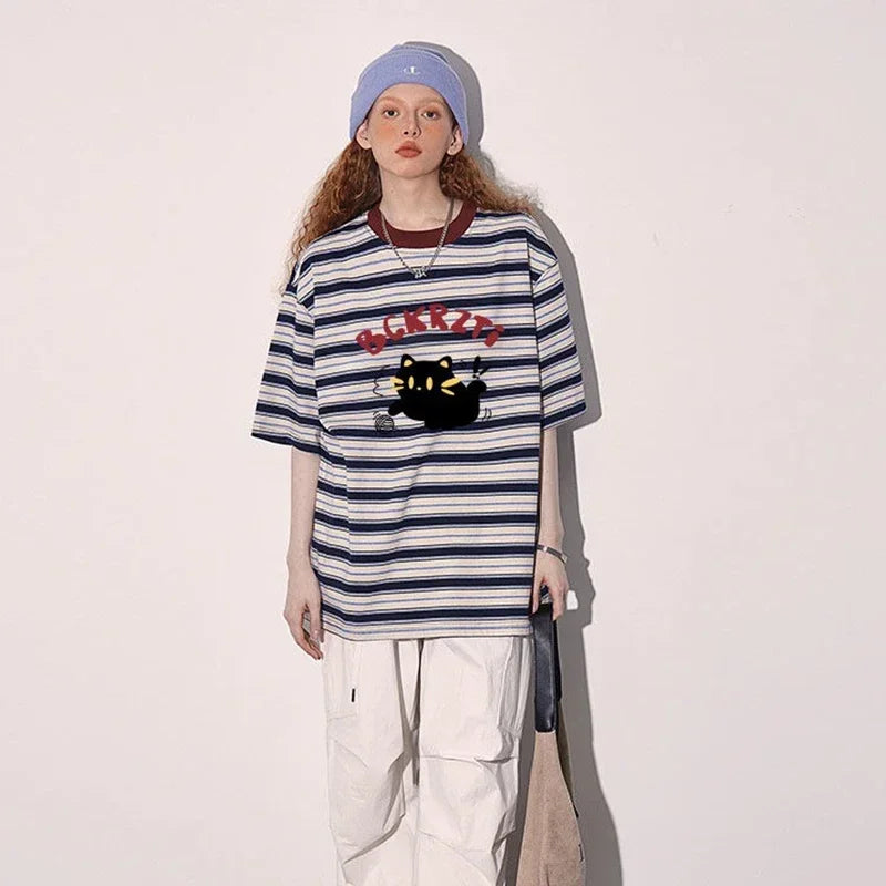 Women Retro Hip Hop Stylish Black Cat Print Striped T-Shirt