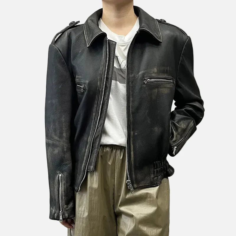 Echtlederjacke aus Lammfell im Used-Look mit Reißverschluss