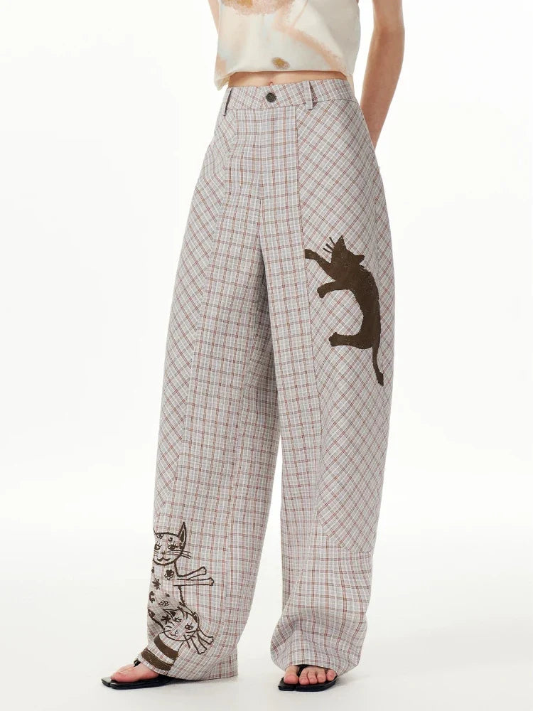 Comfort Plaid Cat Print Retro Sweatpants