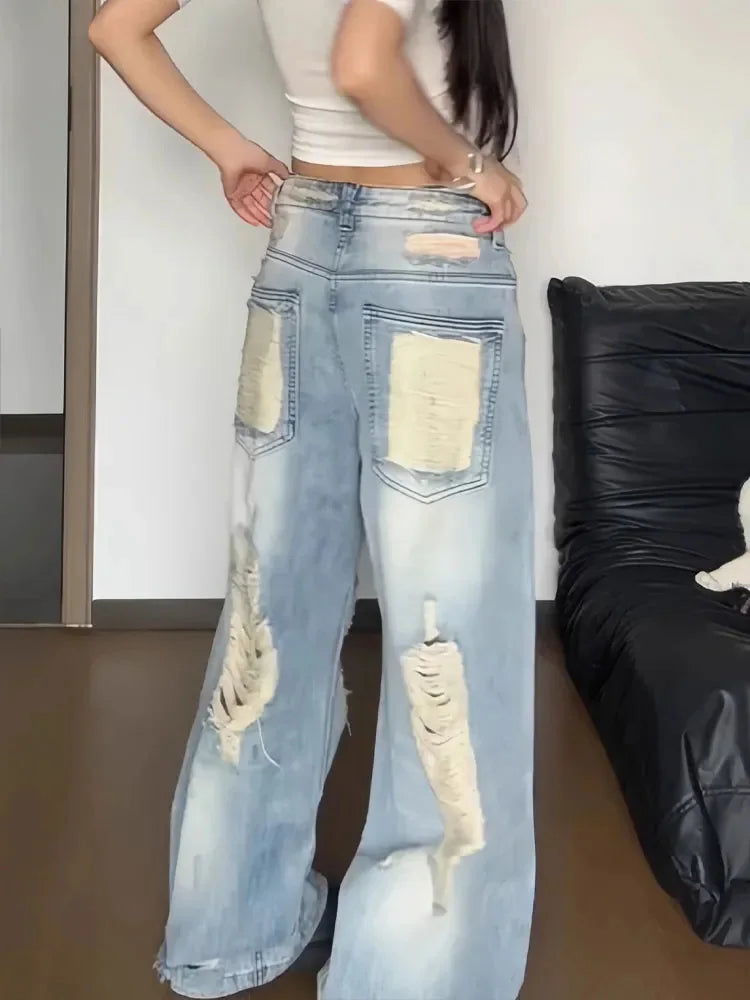 Women Distressed Vintage American Washed Wide Jeans