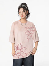 T-Shirt mit gewaschenem Blumen- und Totenkopfmotiv