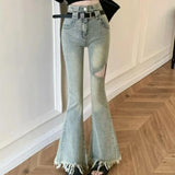 Damen-Jeans mit hohem Bund, Quasten und ausgestelltem Bein