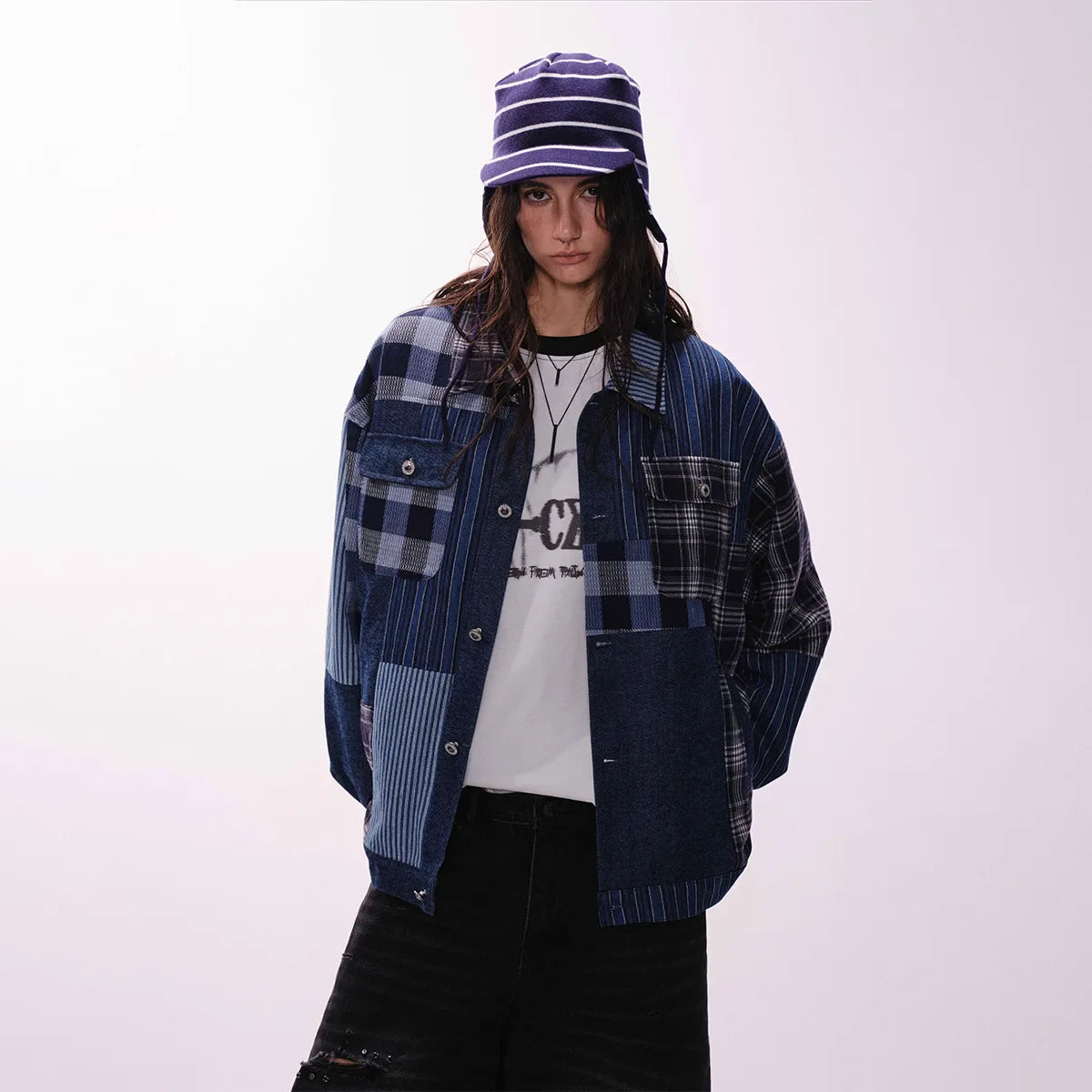 Versatile Retro Blue Casual Patchwork Denim Jacket