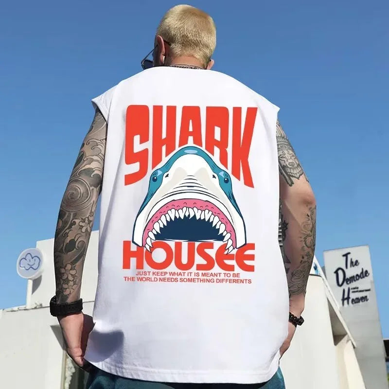 Bold Shark Print Sleeveless T-Shirt