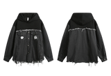 Black denim jacket with distressed details on a white background