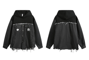 Black denim jacket with distressed details on a white background