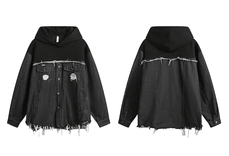 Black denim jacket with distressed details on a white background