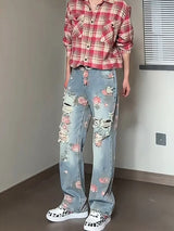레트로 피오니 플라워 자카드 찢어진 청바지