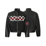 Veste de moto élégante en cuir PU à carreaux style hip-hop avec fermeture éclair