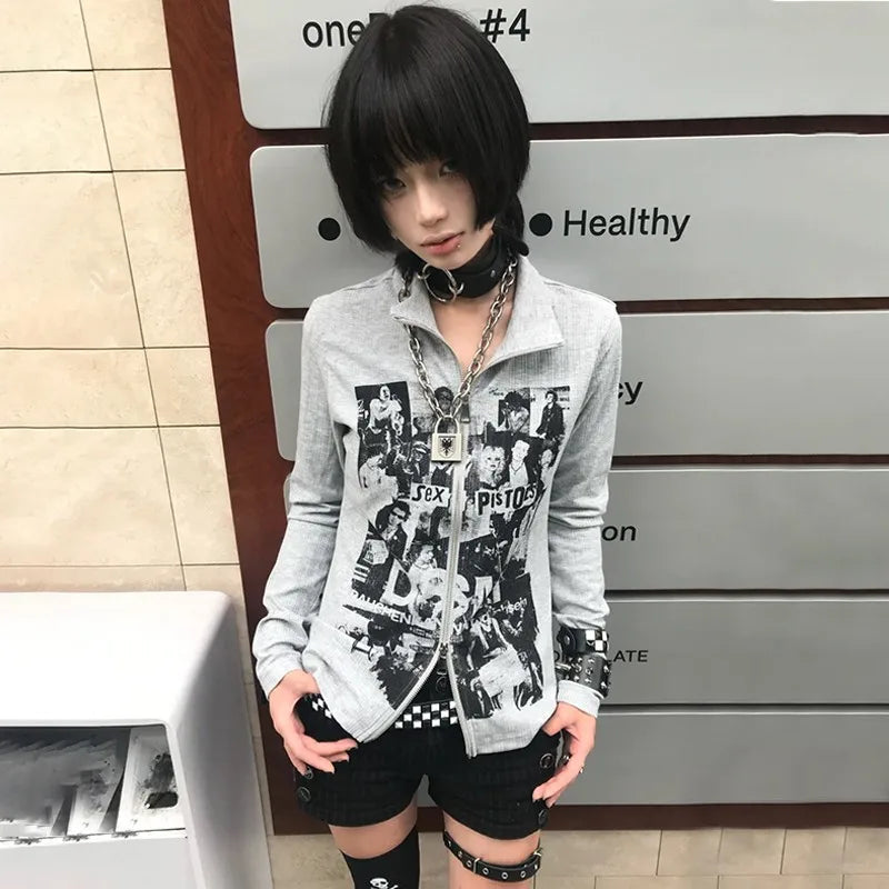 Grunge Y2K Graffiti Zipper Women's Top