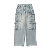 Zeitlose Cargo-Jeans aus gewaschenem Denim mit weitem Bein und zeitloser Passform