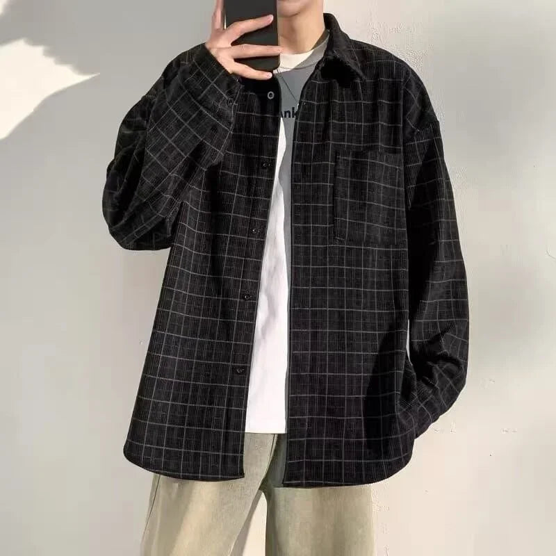 Chemise en velours côtelé à carreaux rétro hip-hop pour homme