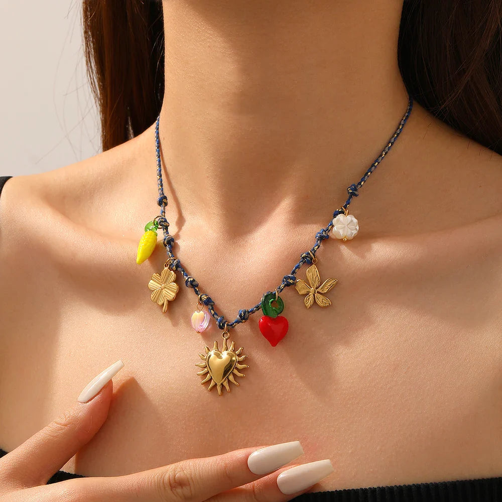Golden Flower Heart Pearl Pendant Necklace