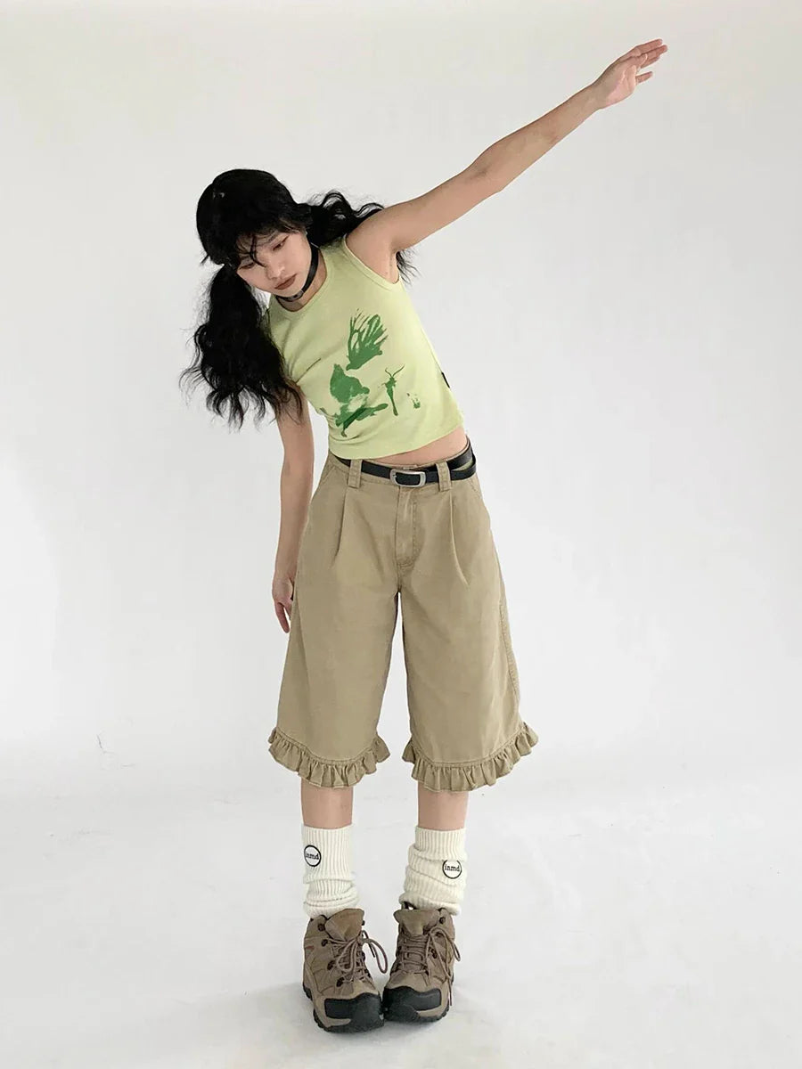 Chic Patchwork Wide Leg Denim Jorts