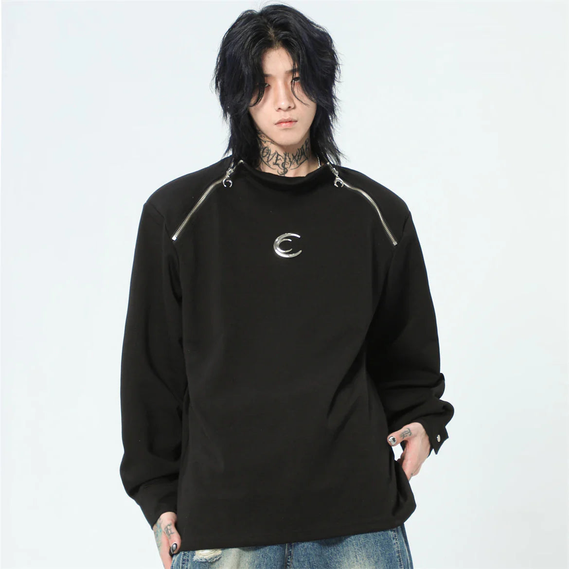 Streetwear Casual Zipper Shoulder Pads Sweatshirt