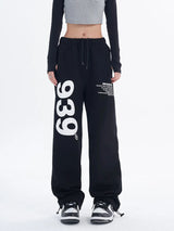 Vintage Black Korean Letter Print Wide Sweatpants