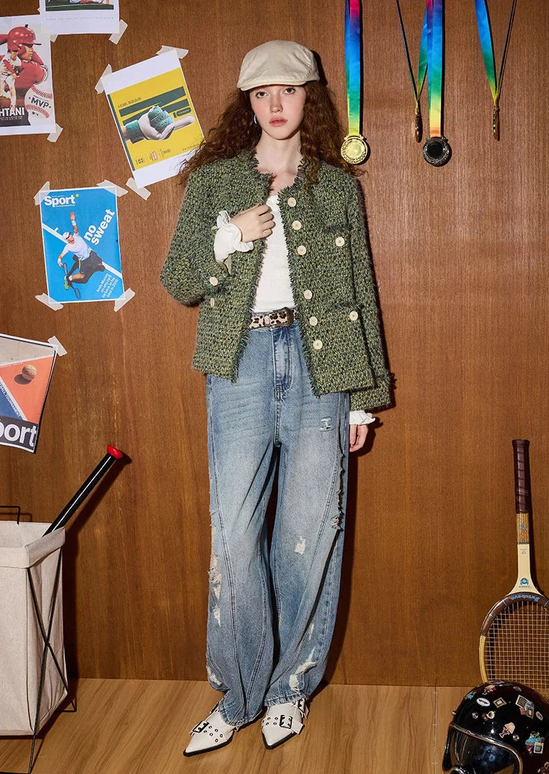 Durable Distressed High Waist Wide Leg Jeans