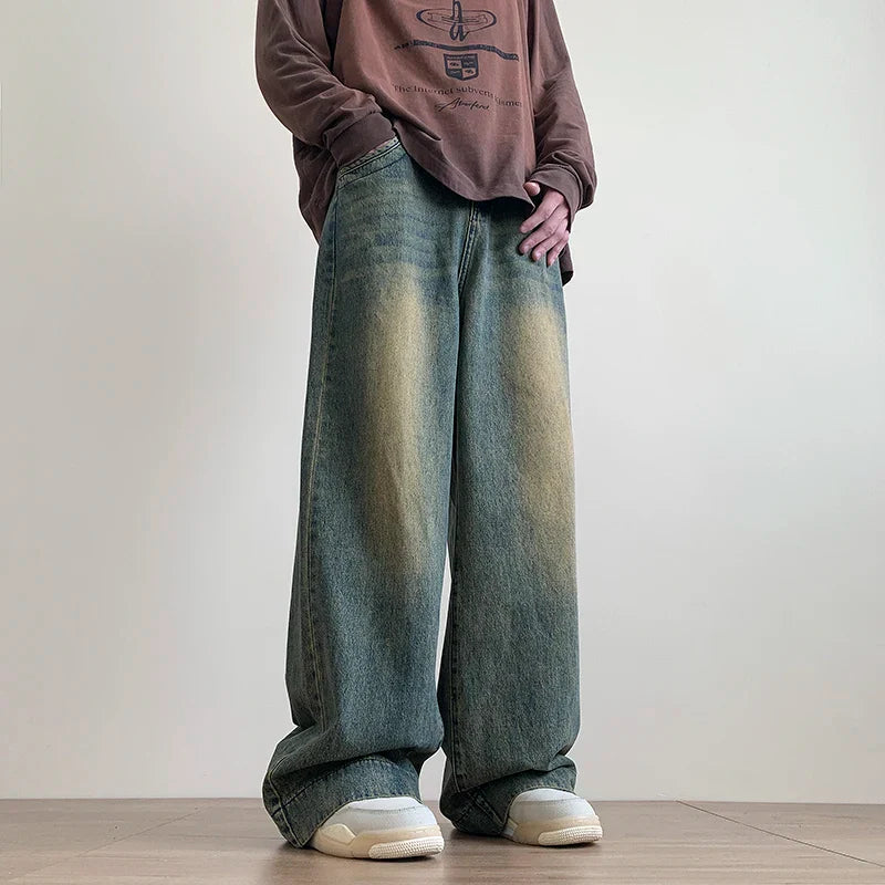 빈티지 디스트로이드 블루 와이드 레그 진