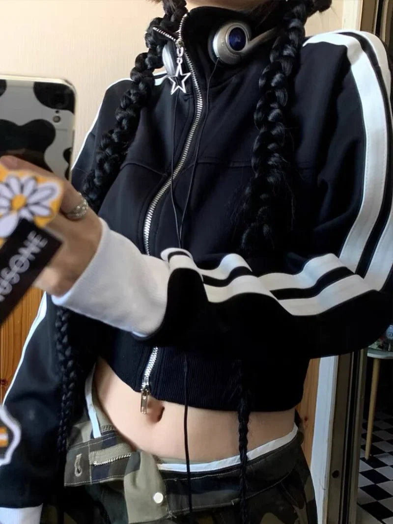Vintage Korean Style Striped Zip-Up Crop Sweatshirt