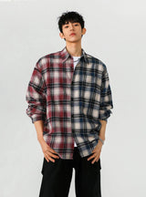 Chemise longue en coton patchwork à carreaux bicolores style streetwear