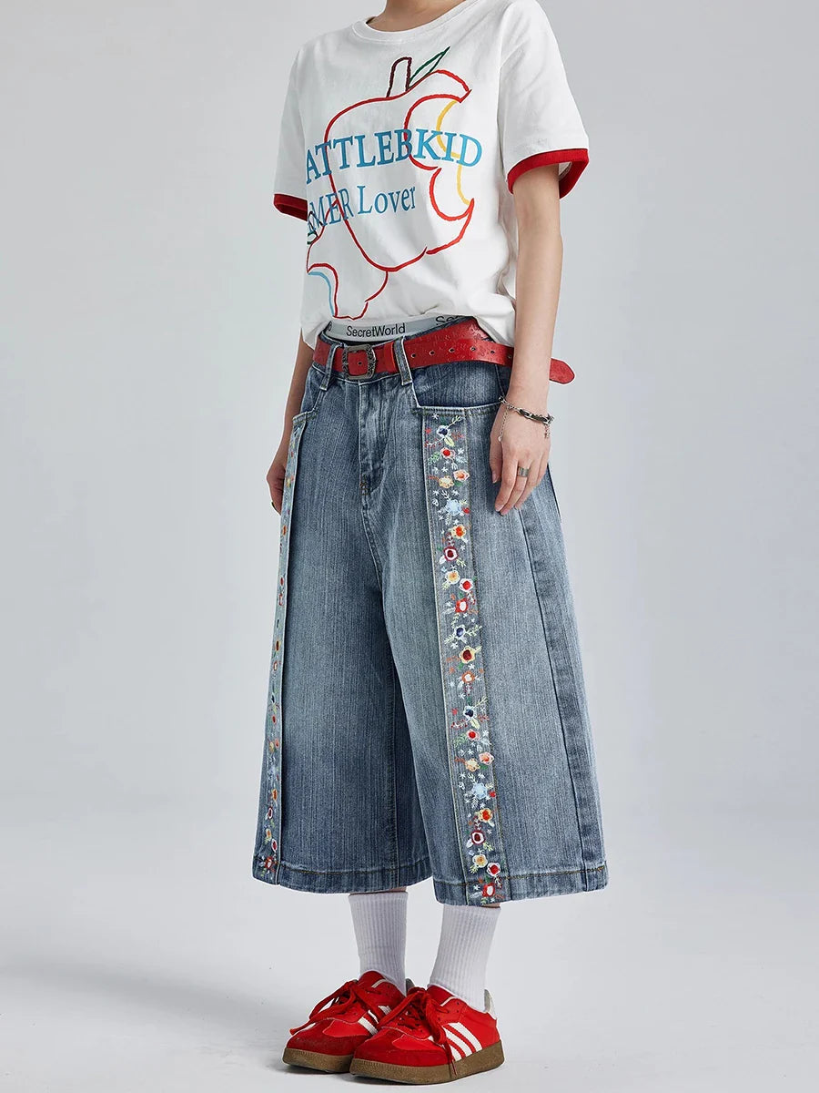 Vintage Wash Floral Print Denim Jorts