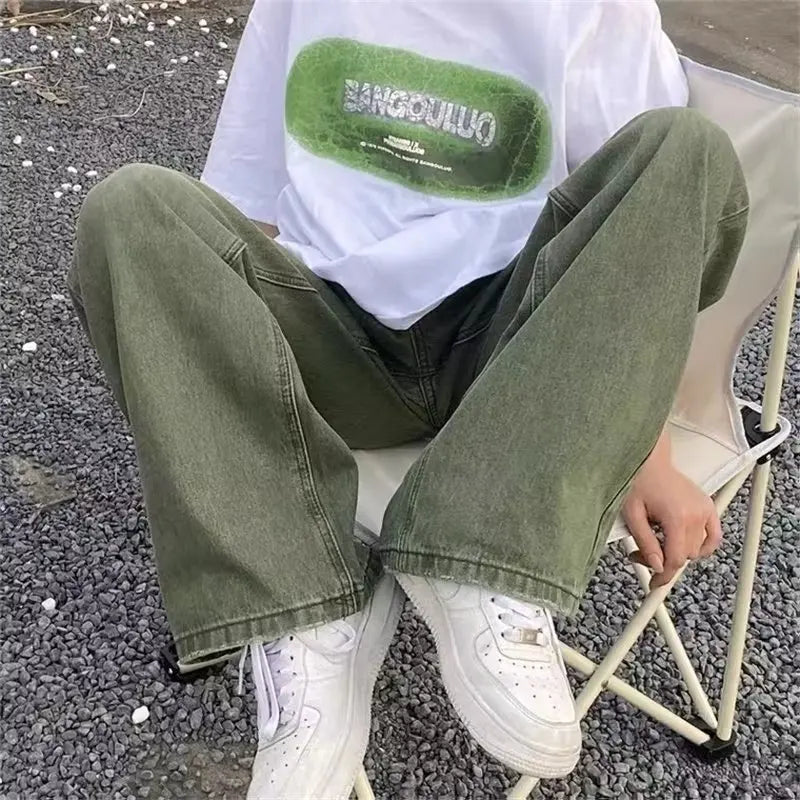 Streetwear Gradient Green Denim High Waist Jeans