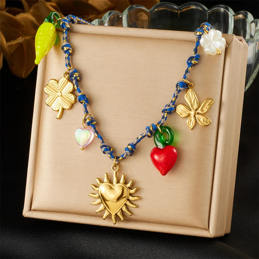 Golden Flower Heart Pearl Pendant Necklace
