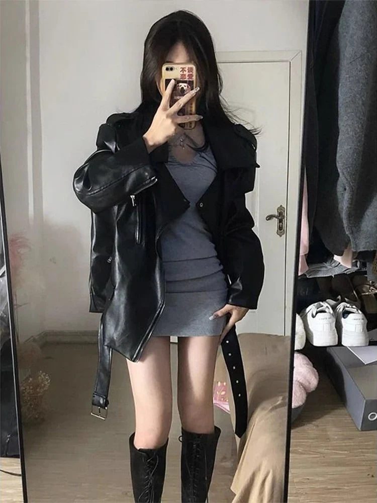 고딕 스타일 블랙 PU 가죽 모터사이클 재킷
